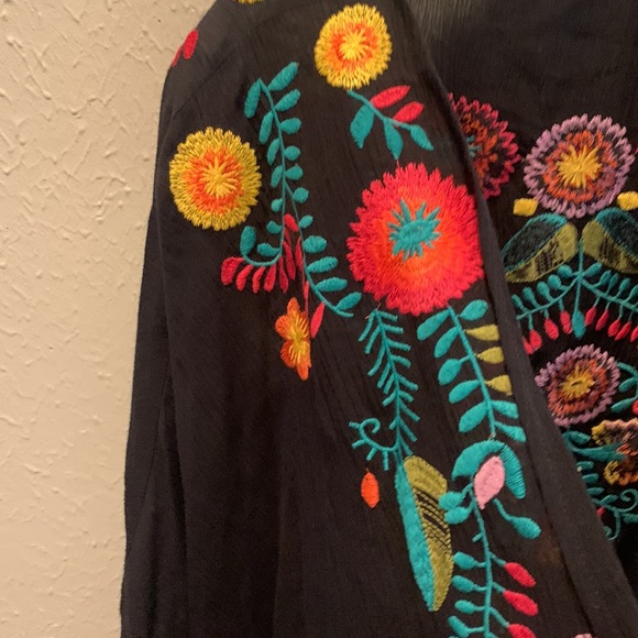 Impeccable Pig Boho Black Kimono Duster Bright Multicolored Floral Small Medium - Picture 4 of 9